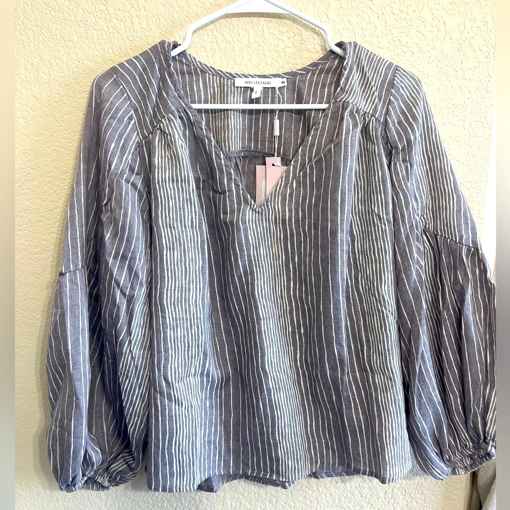 Oversized Gray and White Striped Peasant Shirt